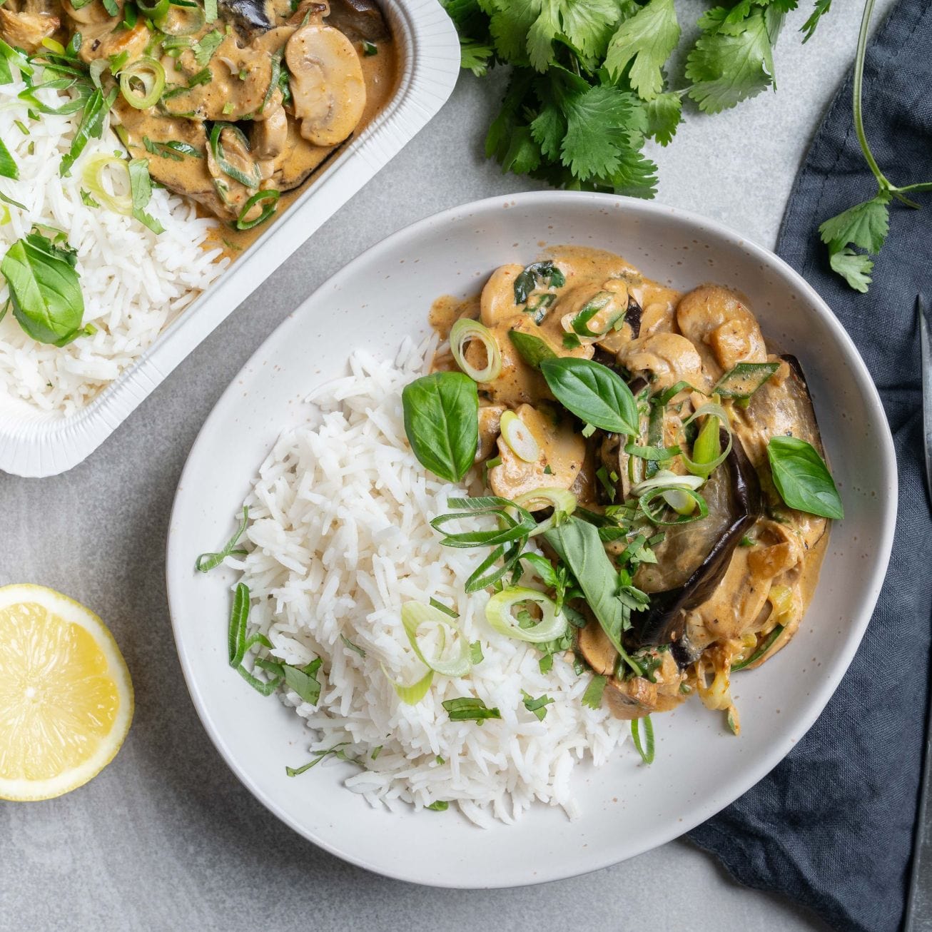 Ready to eat Meal Red Thai Curry with Eggplant, Mushroom and Basmati Rice