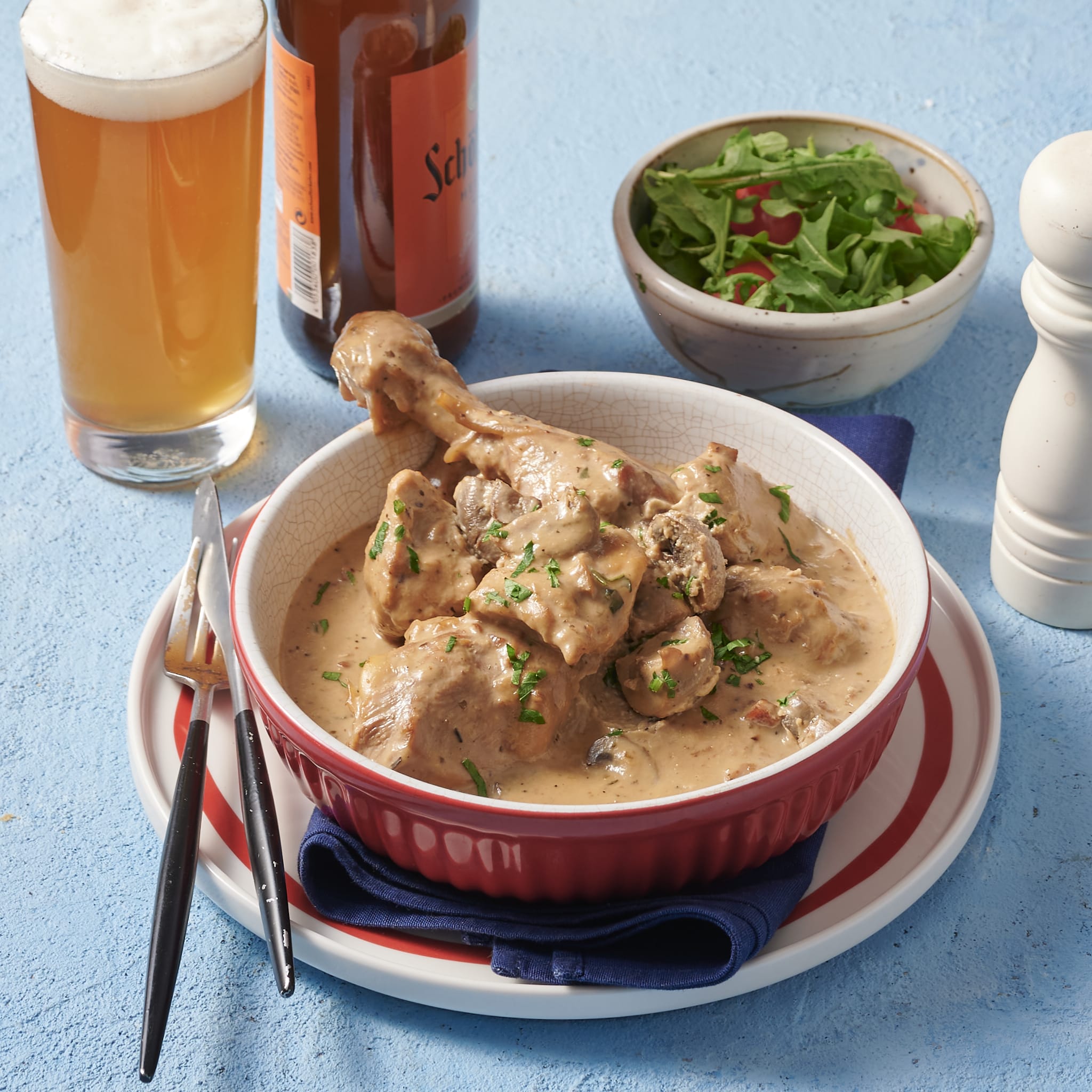 Curry, stews and wet dishes Coq à la Bière (Braised Chicken with Beer and Cream Sauce)