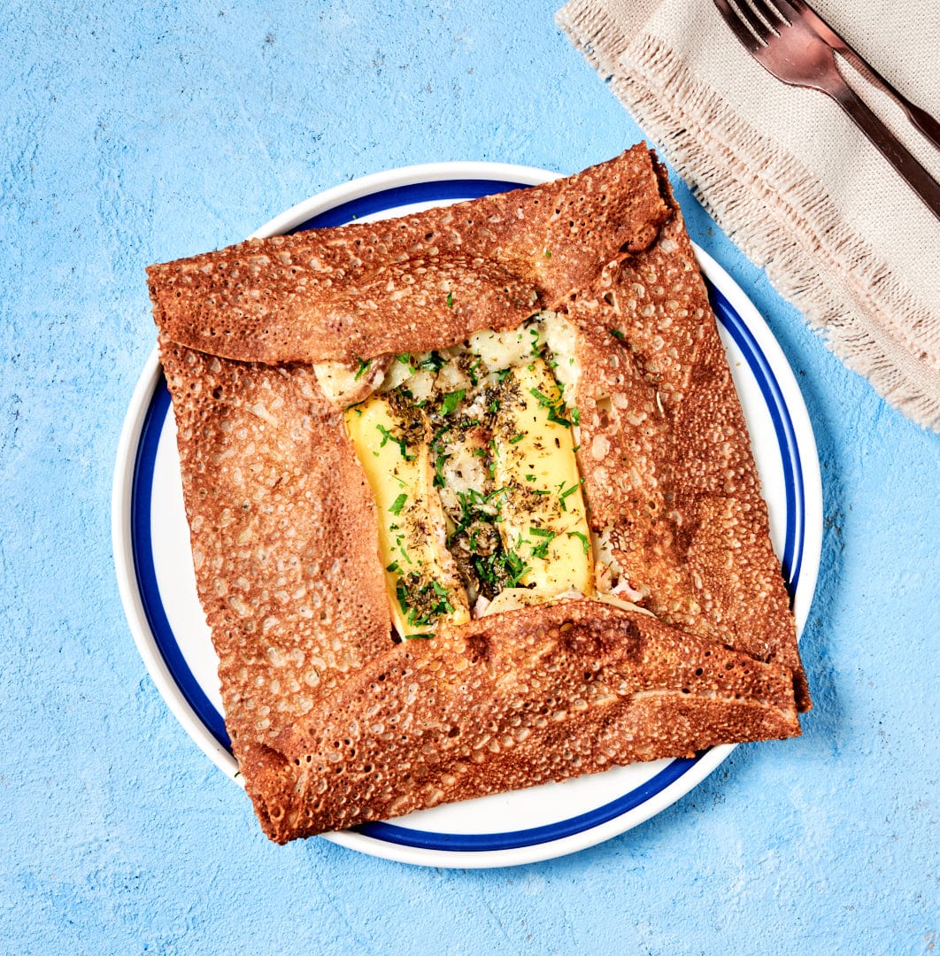 Foil Savoyarde Traditional Galette (savoury crêpes) with Potatoes, Cream and Reblochon Cheese