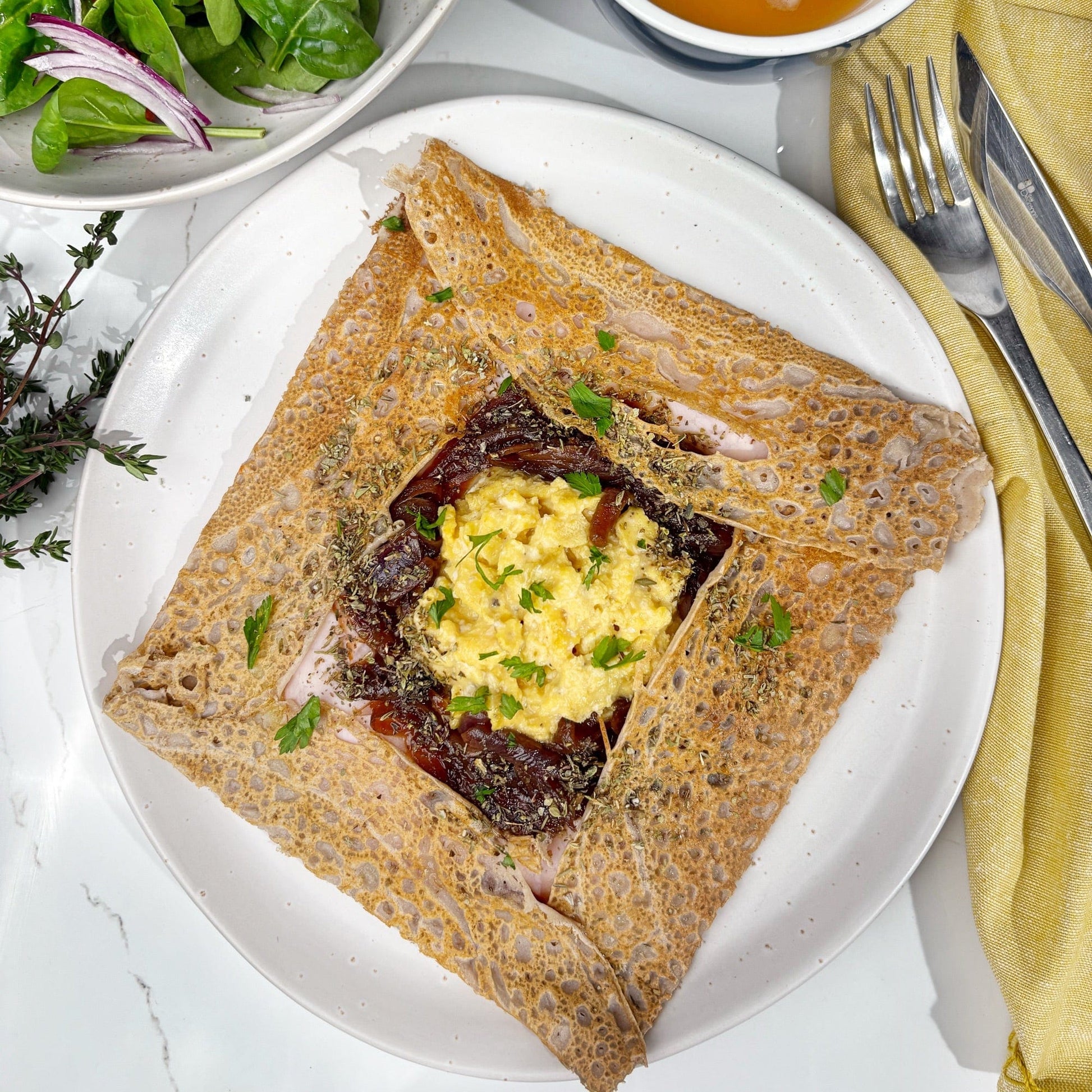 Foil Super Gourmet Traditional Galette (savoury crêpes) with Ham, Cheese, Eggs & Confit Onions