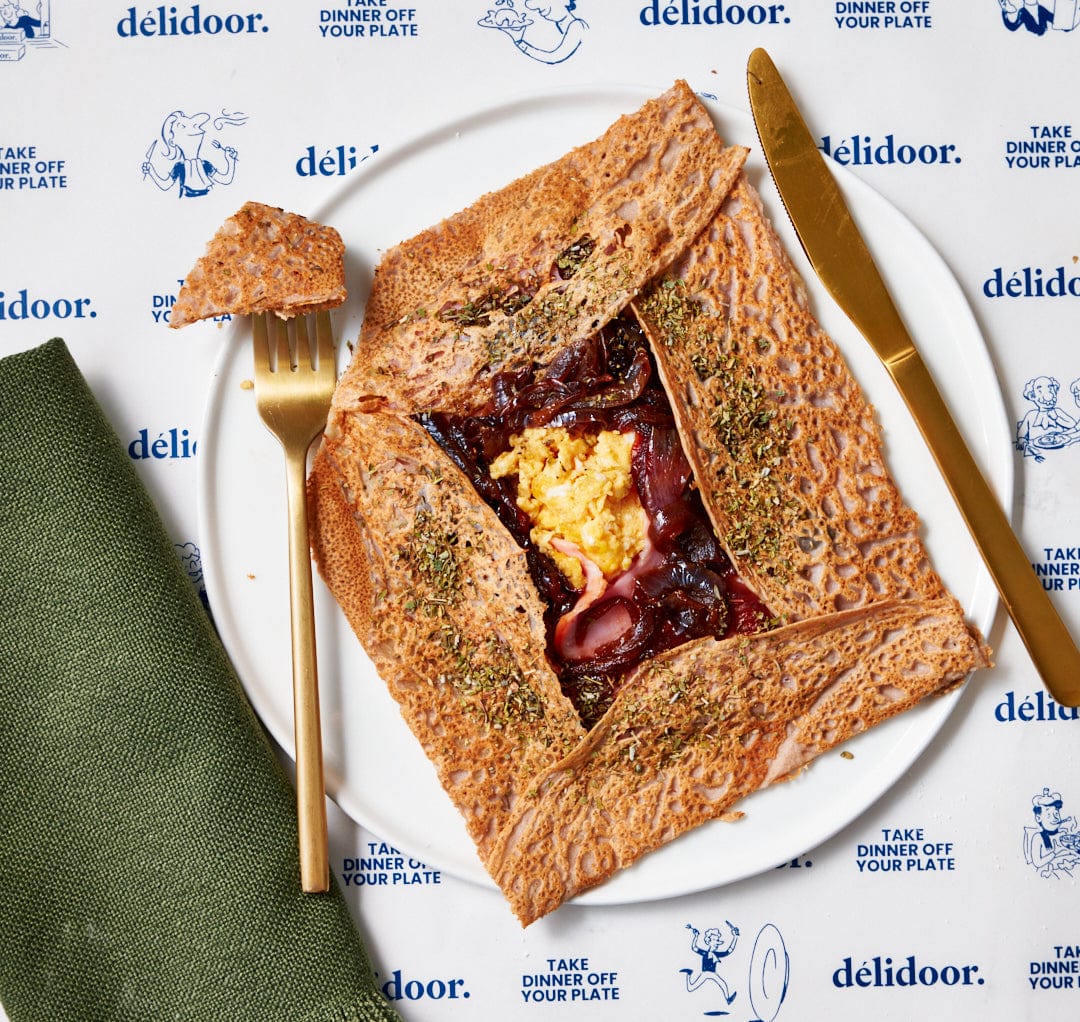Foil Super Gourmet Traditional Galette (savoury crêpes) with Ham, Cheese, Eggs & Confit Onions
