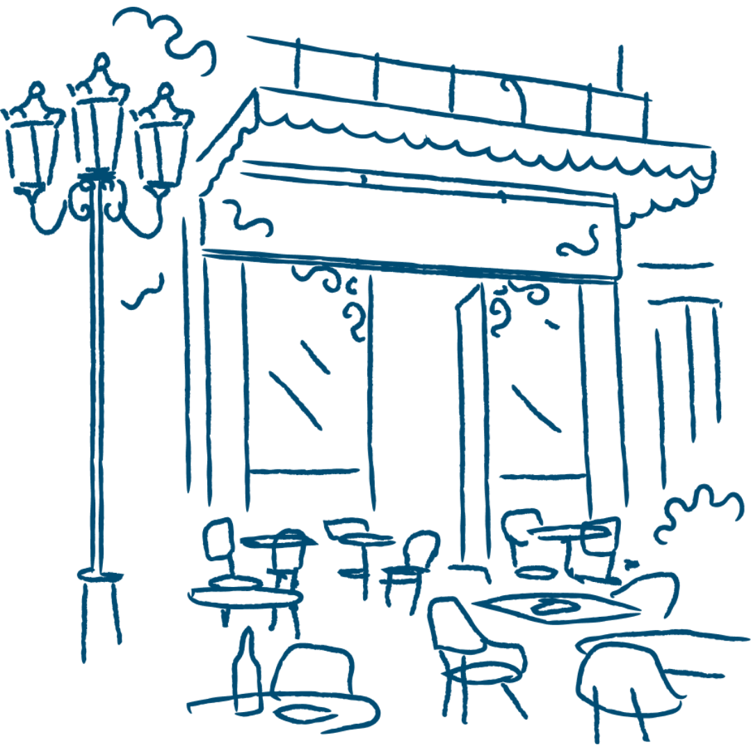 Line illustration of a French café terrace with tables, chairs and a street lamp