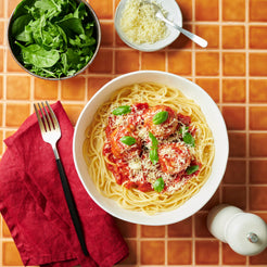 Meals for one Lemon and Herbs Chicken Meatballs in Tomato Basil Sauce With Spaghetti