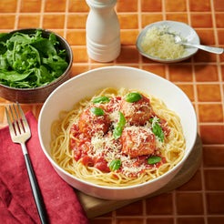 Meals for one Lemon and Herbs Chicken Meatballs in Tomato Basil Sauce With Spaghetti