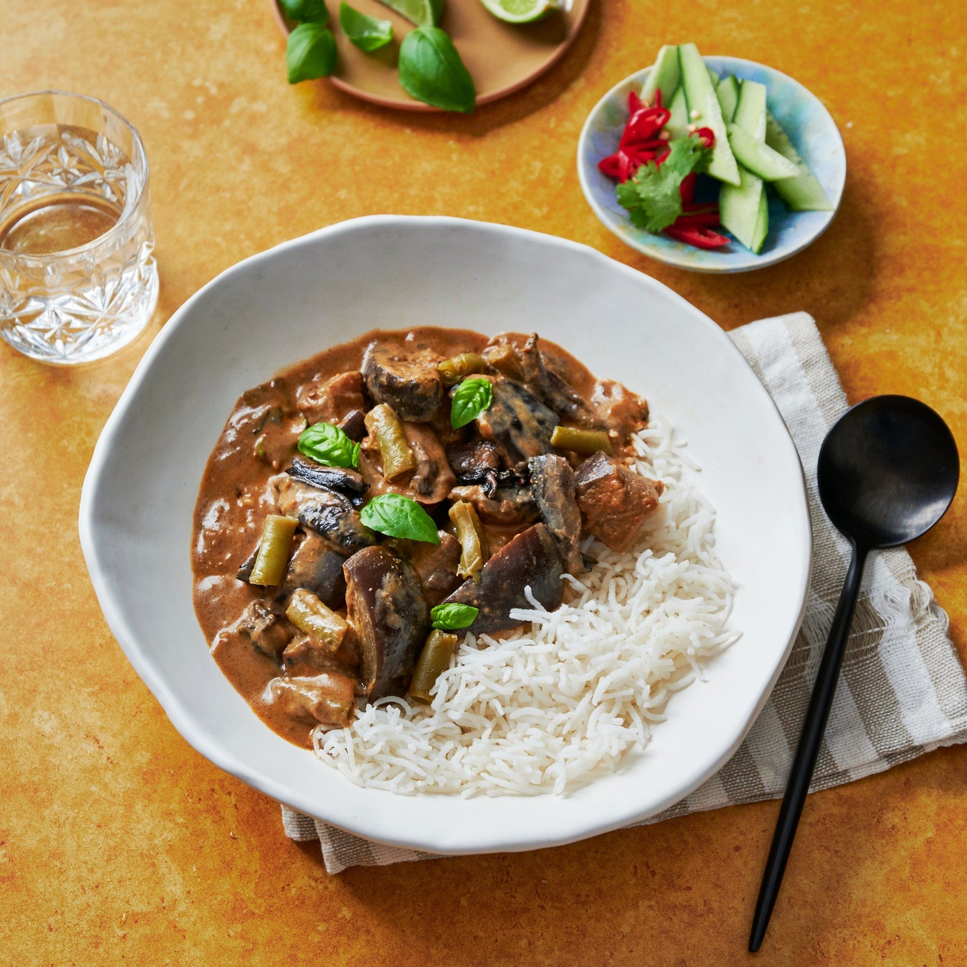 Meals for one Red Thai Curry with Eggplant, Mushroom and Basmati Rice