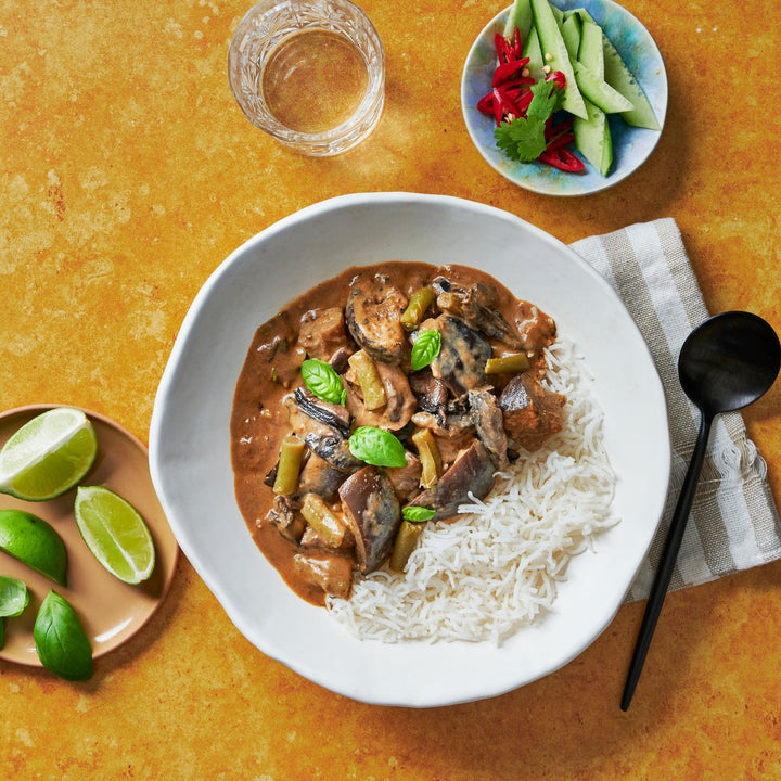 Meals for one Red Thai Curry with Eggplant, Mushroom and Basmati Rice
