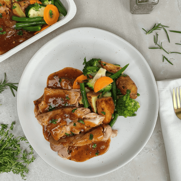 Meals for one Slow Roasted Pork Loin, Onion Gravy and 5 Vegetables