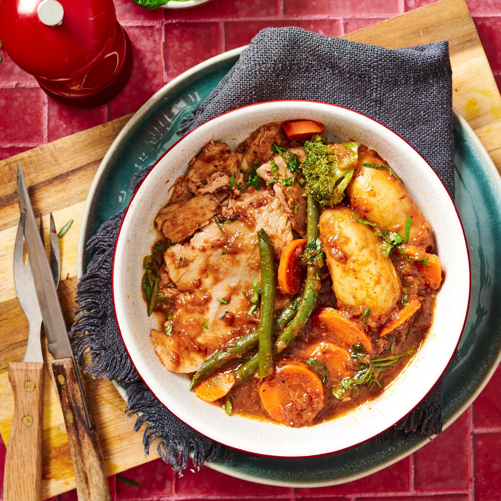 Meals for one Slow Roasted Pork Loin, Onion Gravy and 5 Vegetables