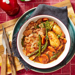 Meals for one Slow Roasted Pork Loin, Onion Gravy and 5 Vegetables
