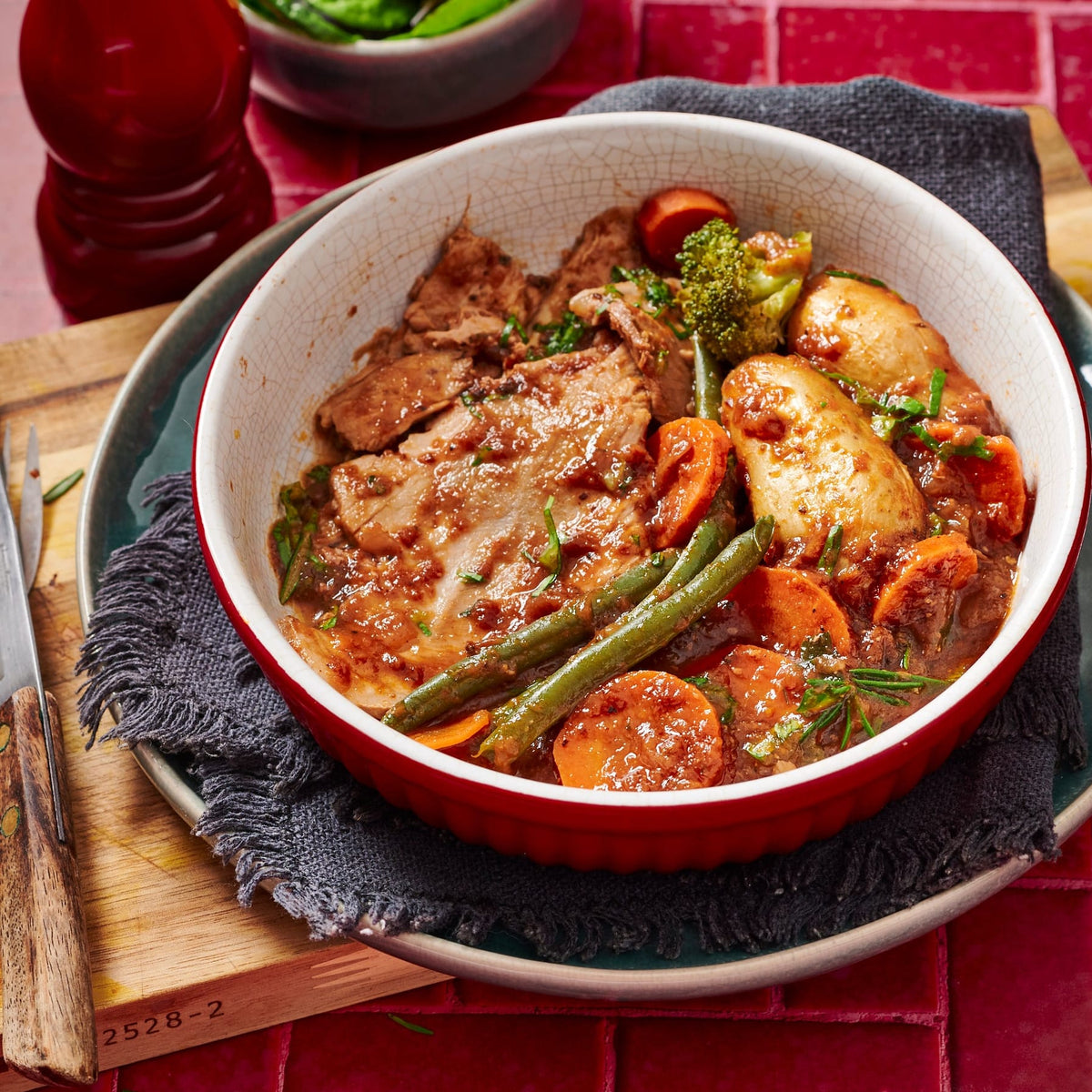 Meals for one Slow Roasted Pork Loin, Onion Gravy and 5 Vegetables