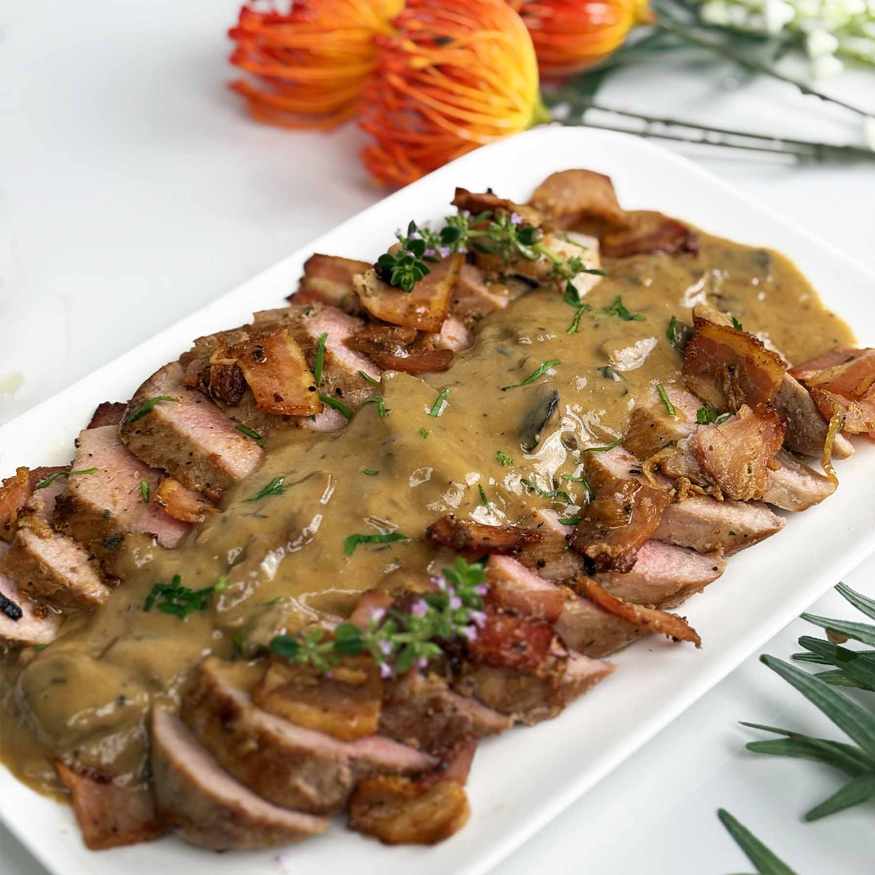 Ready to eat Meal Pork Tenderloin with Porcini Sauce, serves 3-4