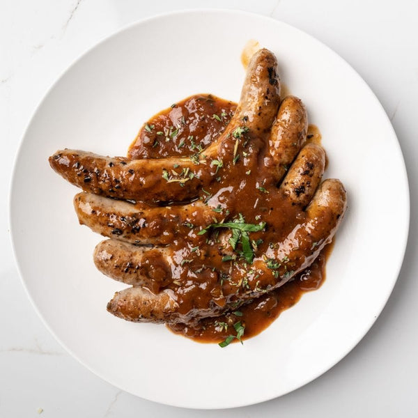 Ready to eat Meal Premium Italian Sausages with Home Made Onion Gravy, 4 sausages, serves 2-3