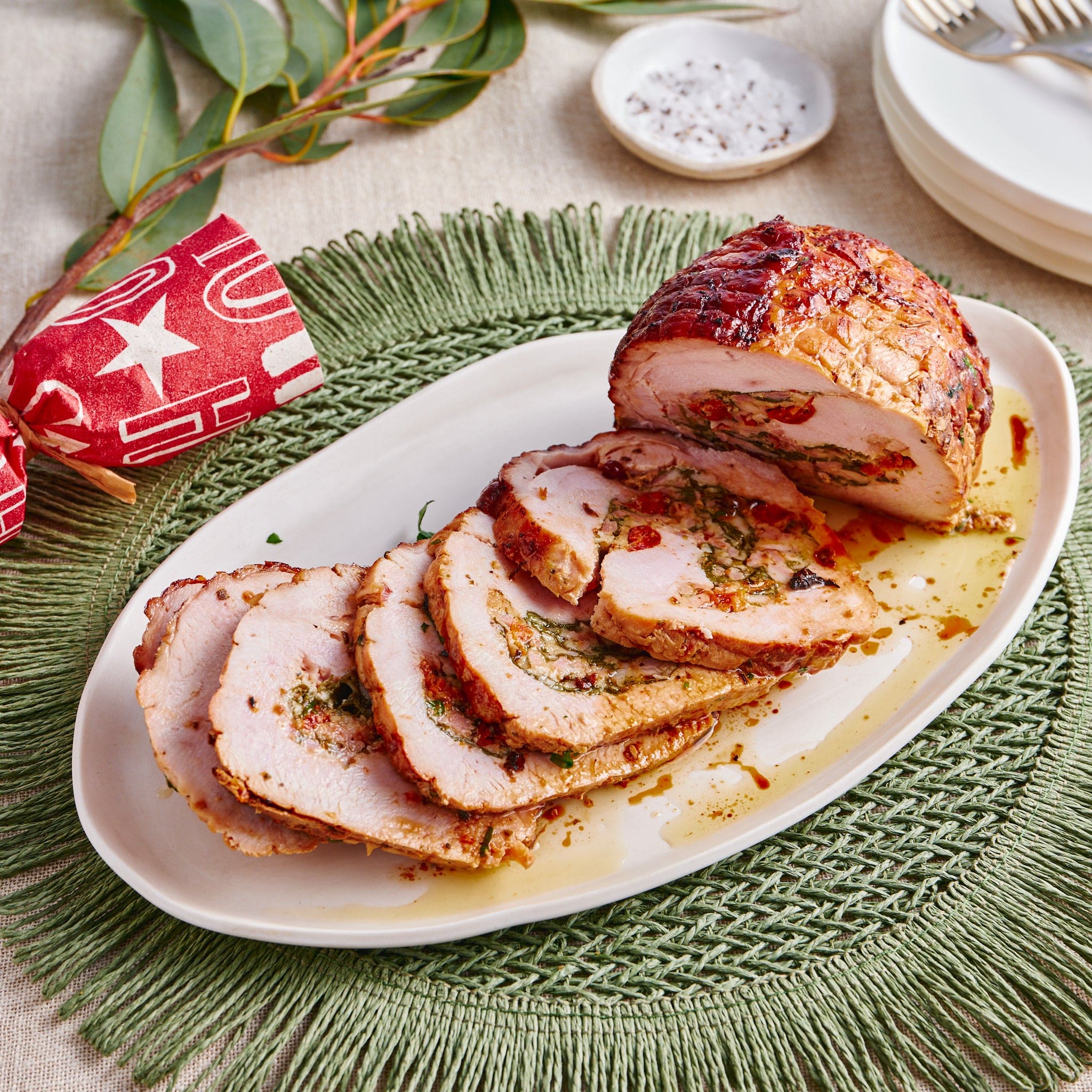 Special 1.2kg Rolled Turkey with Parmesan, Baby Spinach, Semi-dry Tomatoes and Bacon, to be cooked, serves 4-6.